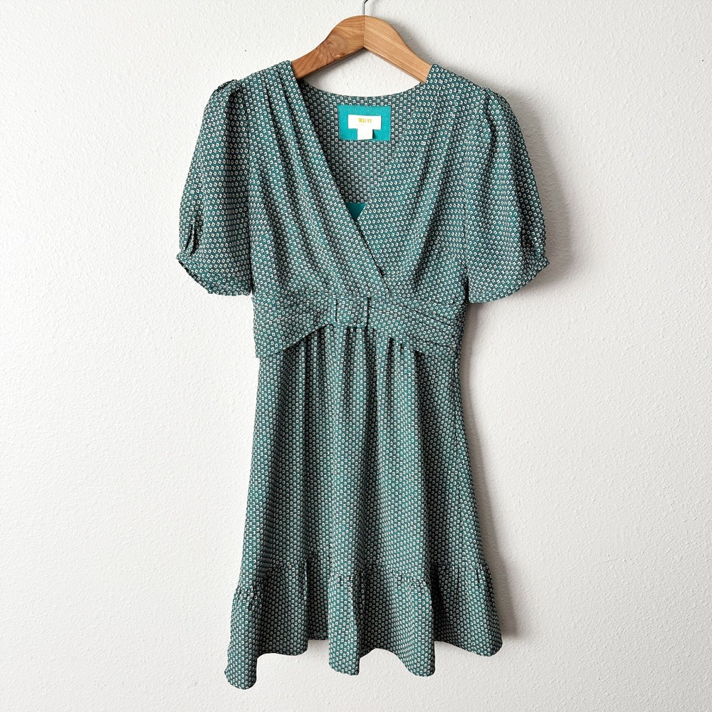 Maeve Teal Green‎ Geometric Print Retro Style Buckle Fit n Flare Dress Size 6